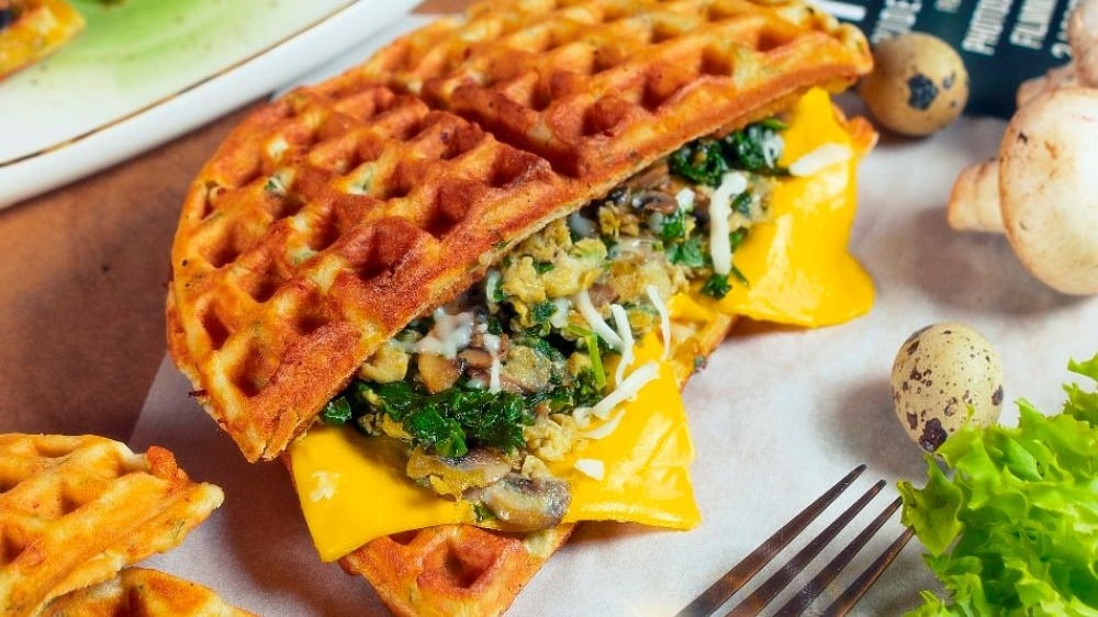 Waffle sandwich with egg scramble mushrooms and spinach - Photo 31